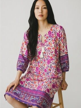 Halife 2X Boho Floral Border Print Tassel Tie Shift Dress Pink Purple Plus Size